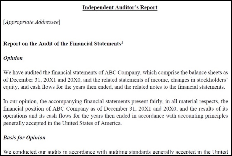 An example of how the beginning portion of the auditor’s report will look.