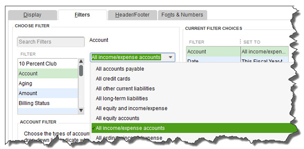 kBooks report Filters screen
