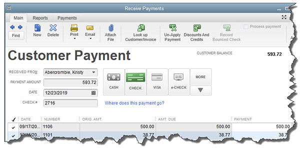 QuickBooks’ Receive Payments screen 