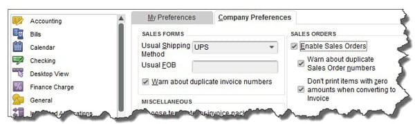Sales Order options on QuickBooks Company Preferences screen