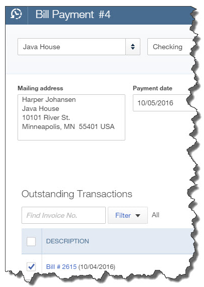 A partial view of the Bill Payment screen