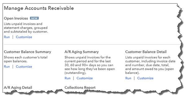 QuickBooks Online displays descriptions of each A/R report and links to the Run and Customize functions in its directory.