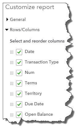A partial list of the Column options in QuickBooks Online