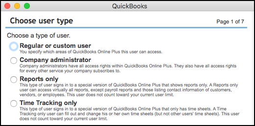 QuickBooks Online user type window