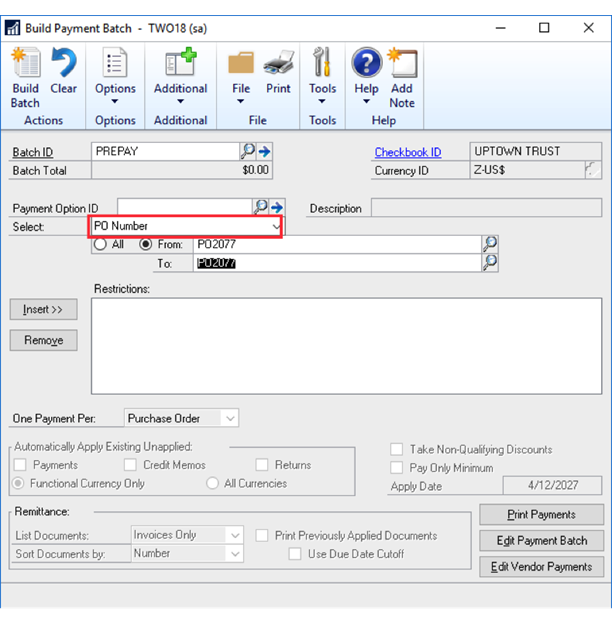 Microsoft Dynamics GP: How to make purchase order prepayments