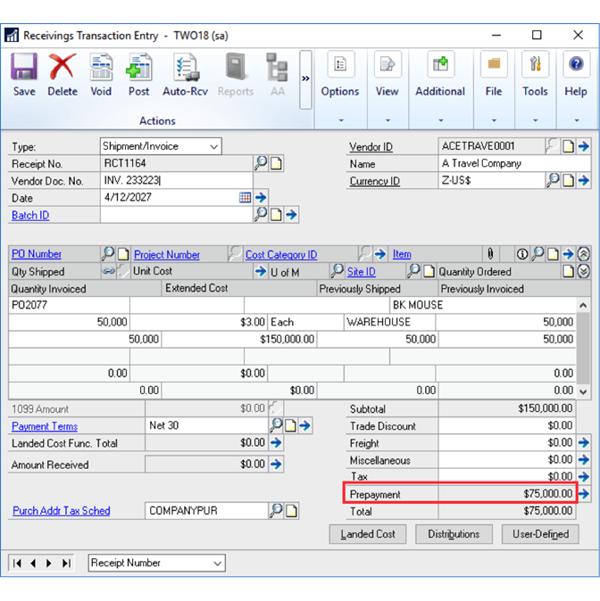 Microsoft Dynamics GP: How to make purchase order prepayments