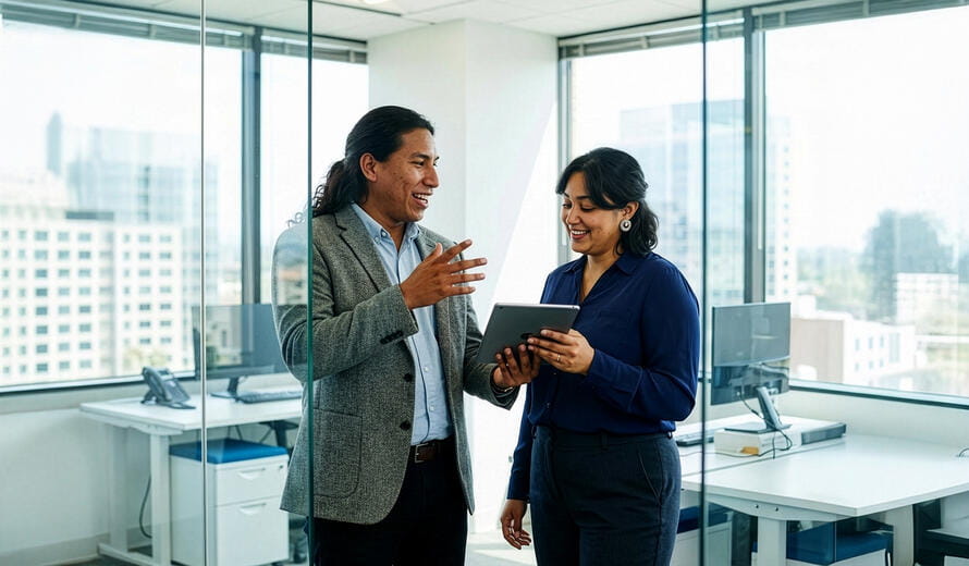 Two professionals in an office environment collaborating with a digital tablet.