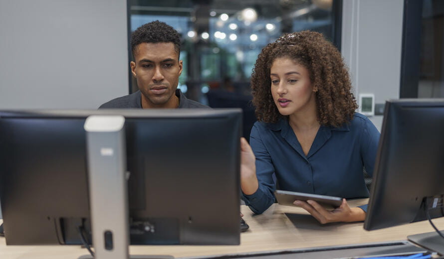 Stock image depicting two professionals working at computer stations