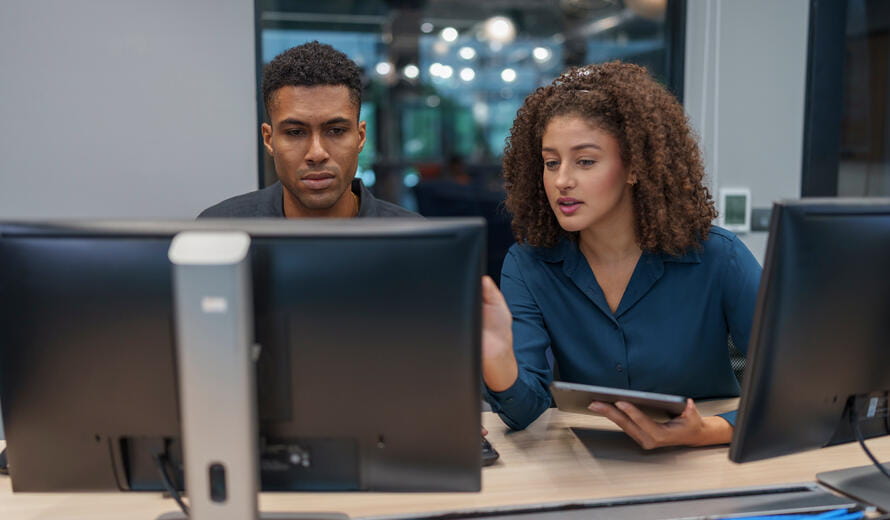 Two professionals working at computer stations.
