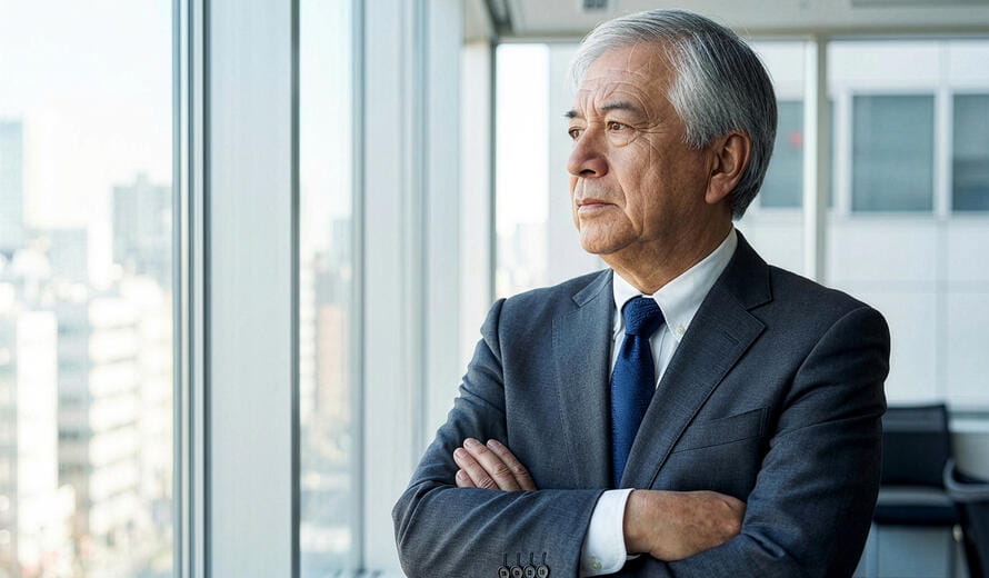A professional man in a business suit standing near a large office window, looking out over the cityscape.