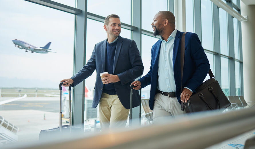 Travel for business, team at airport and men, catch flight for work trip with conference or training seminar with accountant. Walk, talk and diversity with finance convention and partnership