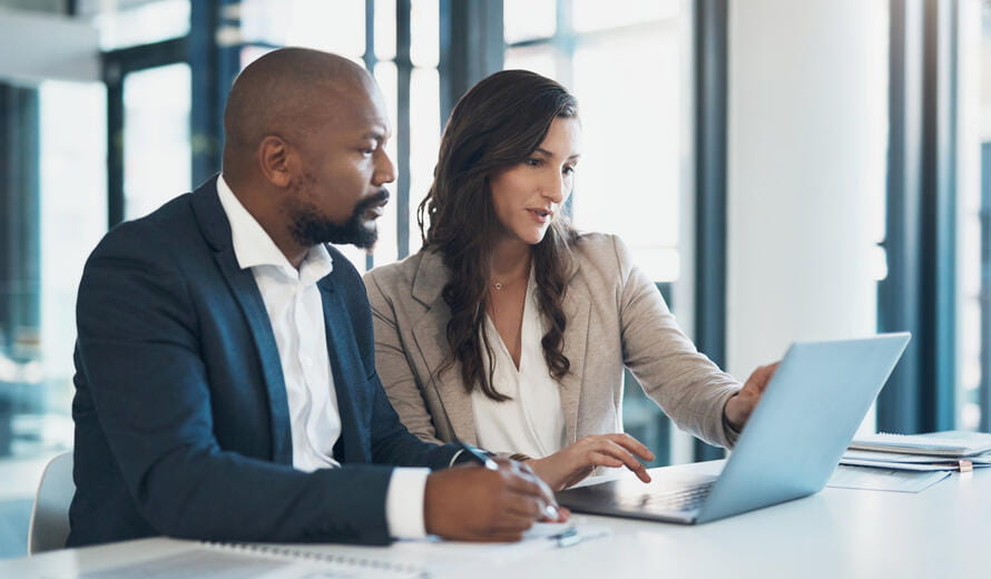 Laptop, meeting and business people, team or clients for finance advice, profit support and investment report. Computer, online and corporate woman, advisor or b2b partner with financial information