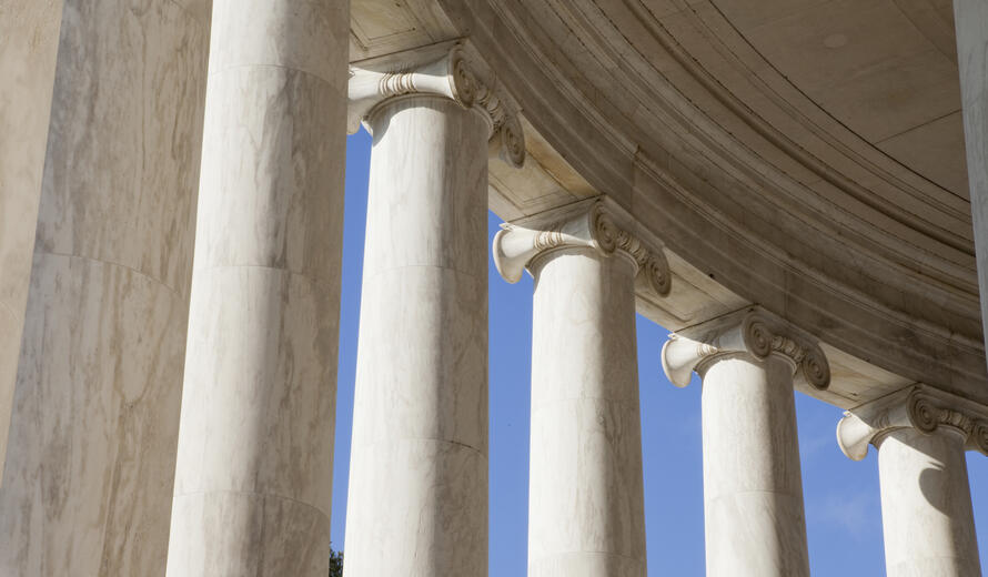 The Jefferson Memorial is one of the most popular monuments in Washington D.C. It is known for its many tall columns, dental teeth moldings and other architectural details. Inside the structure is a large, tall statutue of Thomas Jefferson, as well as inscriptions from his writings and speeches."