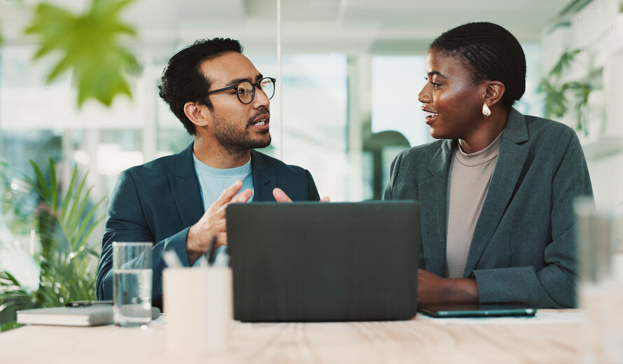 Office, partnership and team advice for laptop, proposal and research notes with document for report. 