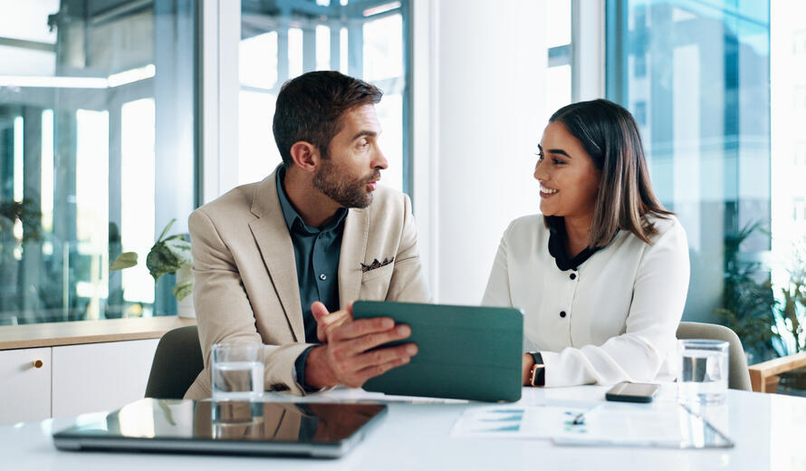 Smile, business and people on tablet in office of planning, finance document and company growth.