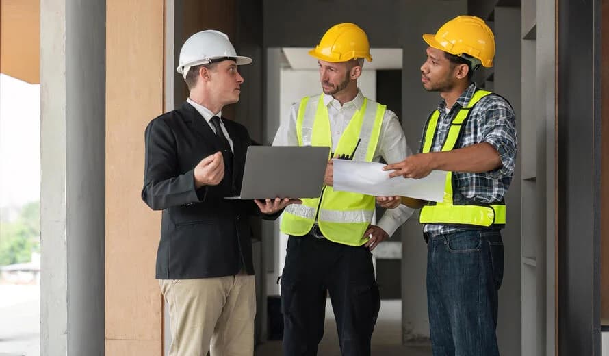 Professional construction engineers team using blueprint of project plan.